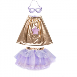 SET DE SUPER-HEROINE, TUTU/CAPE/MASQUE, OR/LILA, TAILLE US 4-6