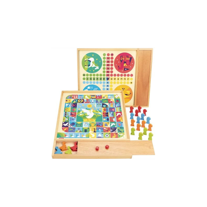 JEUX DE L'OIE ET PETITS CHEVAUX - PLATEAU AVEC PLUMIER EN BOIS
