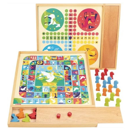 JEUX DE L'OIE ET PETITS CHEVAUX - PLATEAU AVEC PLUMIER EN BOIS
