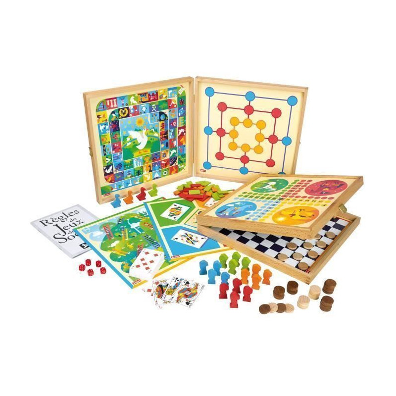 COFFRET DE JEUX CLASSIQUES - 80 REGLES - PIONS BOIS