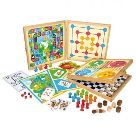 COFFRET DE JEUX CLASSIQUES - 80 REGLES - PIONS BOIS