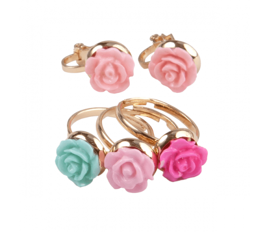 SET BOUTIQUE ROSE, 3 BAGUES  ET 1 SET DE BOUCLES D'OREILLES CLIP