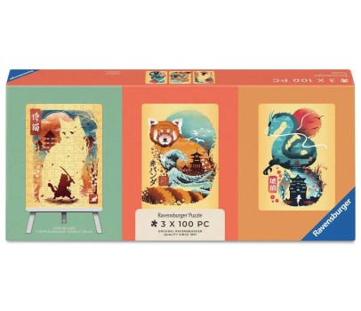 Puzzle 100P x 3 - Chat, Panda Roux et Dragon Ukyio-E